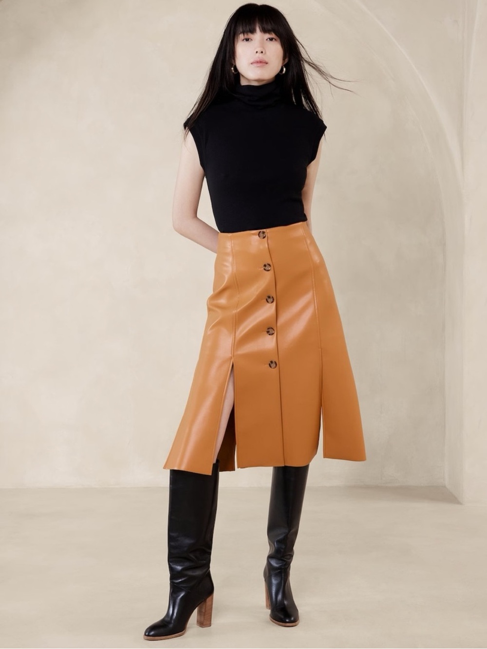 Banana Republic Button-Front Seamed Vegan Leather Midi Skirt in Cognac Tan